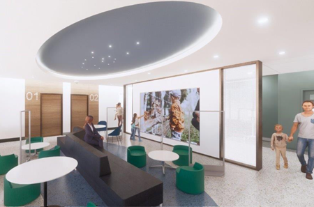 Rendering of the new pediatric waiting room with bright lights, an interactive screen and tables and chairs.